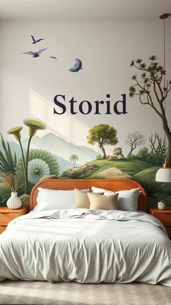 A beautifully designed bedroom featuring a nature-themed mural, a wooden bed frame, and plush pillows, creating a serene atmosphere.