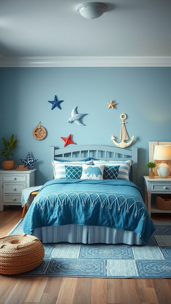 A nautical-themed bedroom with blue walls, a cozy bed, and decorative sea-themed elements.