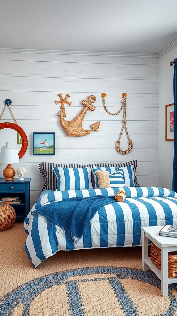 A vibrant blue boho bedroom featuring striped bedding, nautical decor, and woven textures.