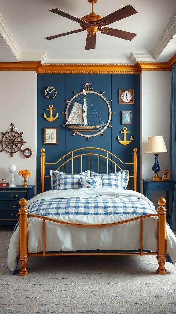 A cozy nautical-themed bedroom featuring gold accents and blue walls, with a golden bed frame and nautical decor.
