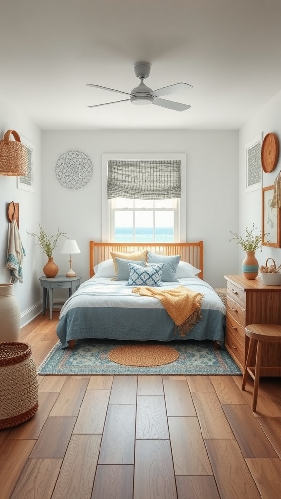 A serene boho style bedroom with nautical influences featuring light colors, wooden furniture, and cozy textiles.