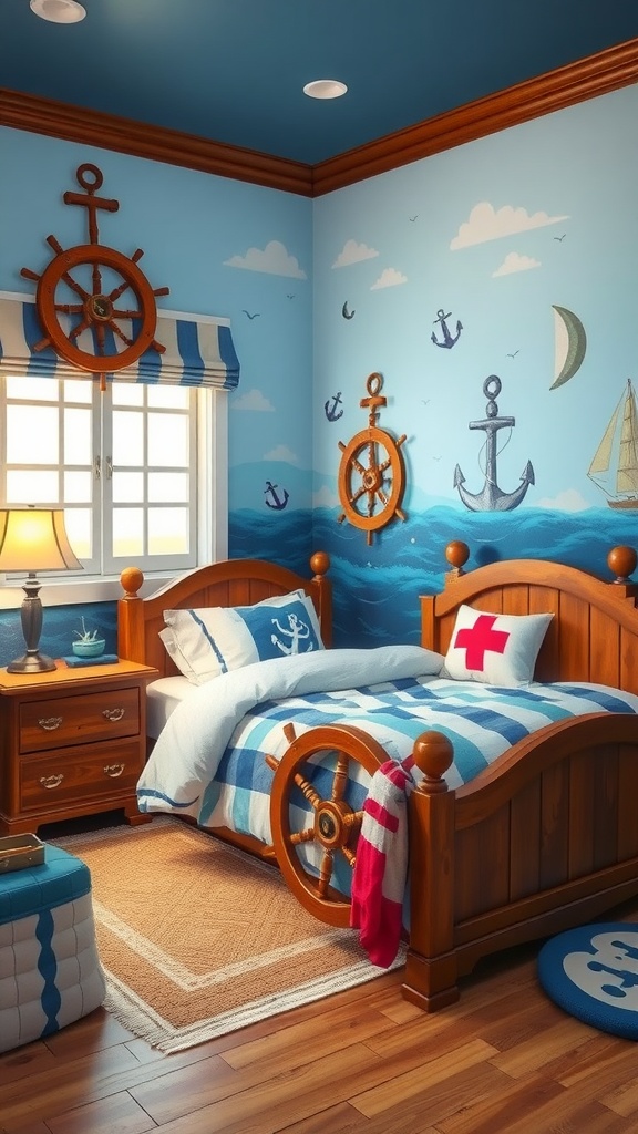 A nautical-themed boys bedroom with blue walls, wooden beds, steering wheels, and ocean-themed decor.