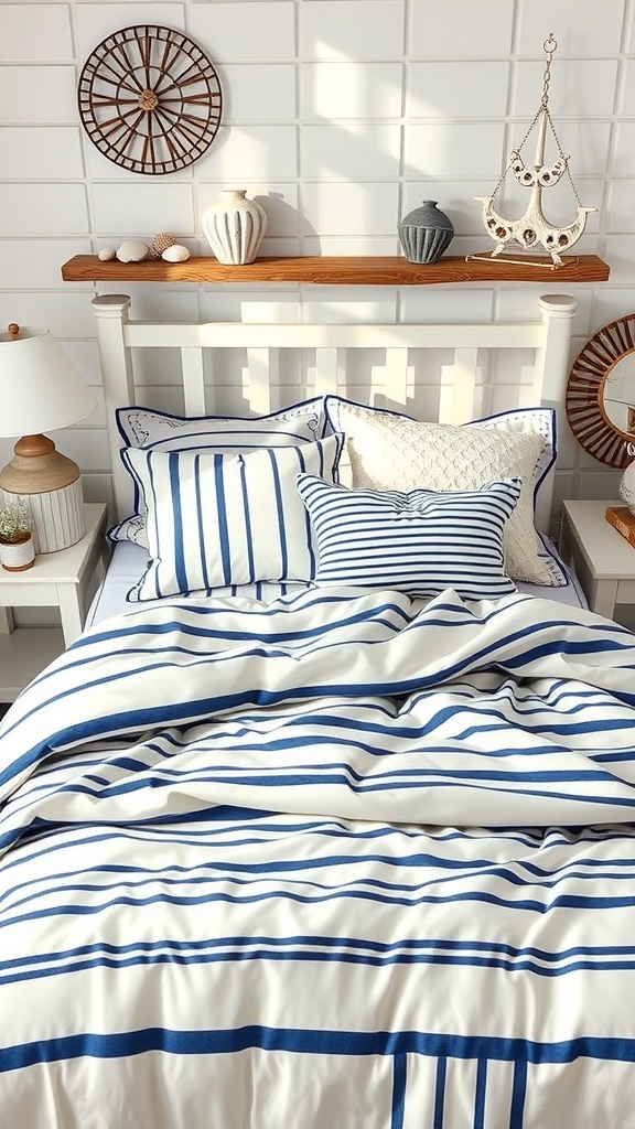 A cozy bedroom featuring nautical stripe bedding in blue and white, decorated with ocean-themed elements.