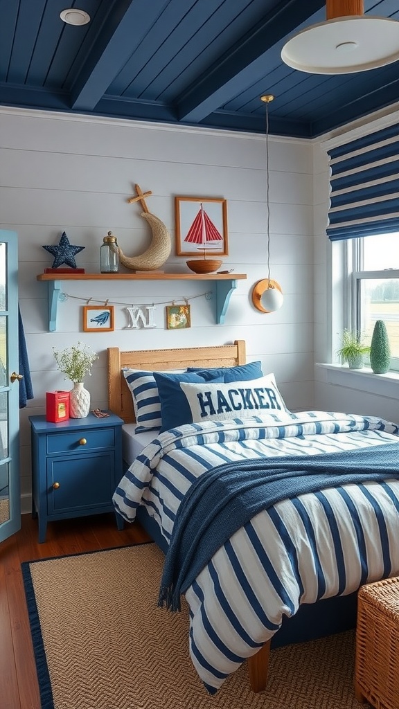 A nautical-themed bedroom featuring blue walls and striped bedding, decorated with seashells and nautical artwork.
