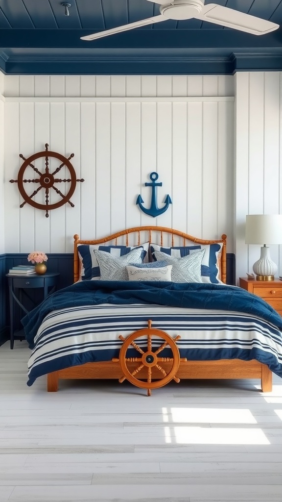 A nautical-themed bedroom featuring a wooden bed with blue and white striped bedding, deep blue accents on the walls and ceiling, and nautical decor elements like an anchor and ship's wheel.