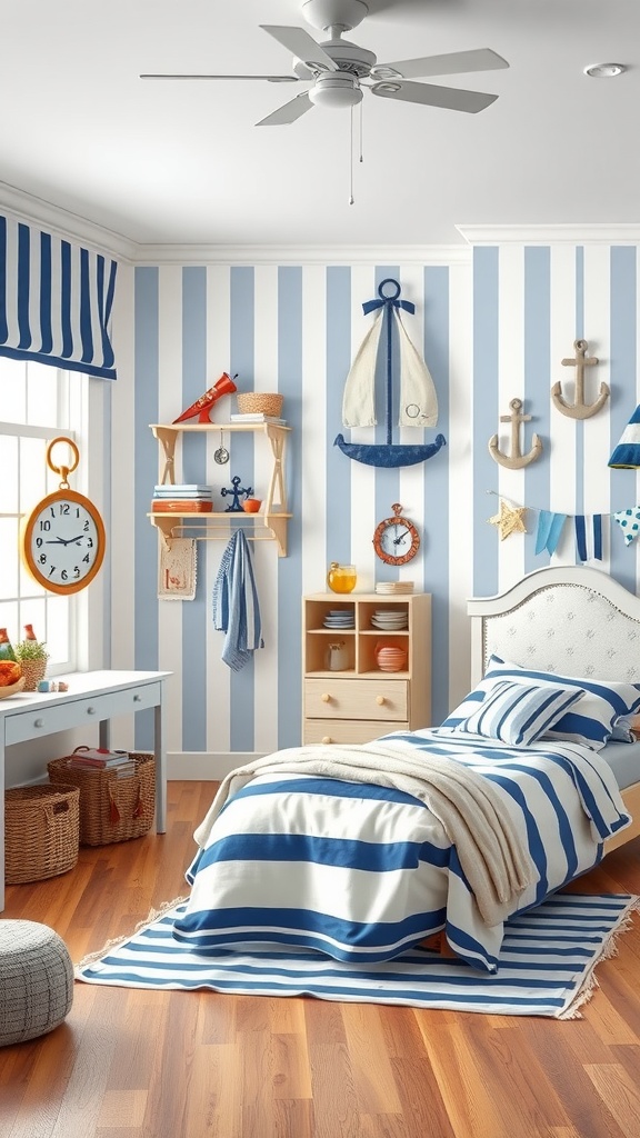 Nautical-themed boy bedroom with sailor stripes, featuring blue and white decor, nautical accessories, and a cozy atmosphere.