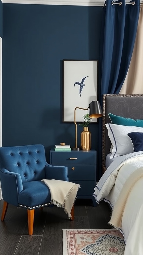 A cozy bedroom featuring navy blue accent furniture, including a chair and nightstand, against a deep blue wall.