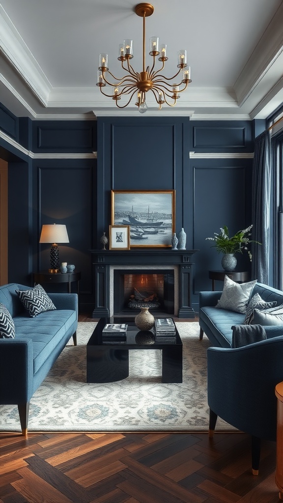 A modern living room featuring navy blue walls, navy sofas, and a black coffee table, with a classic chandelier and elegant decor.