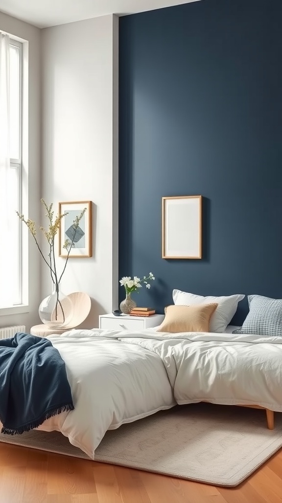A cozy bedroom featuring a navy blue accent wall with white accents, creating a stylish farmhouse look.