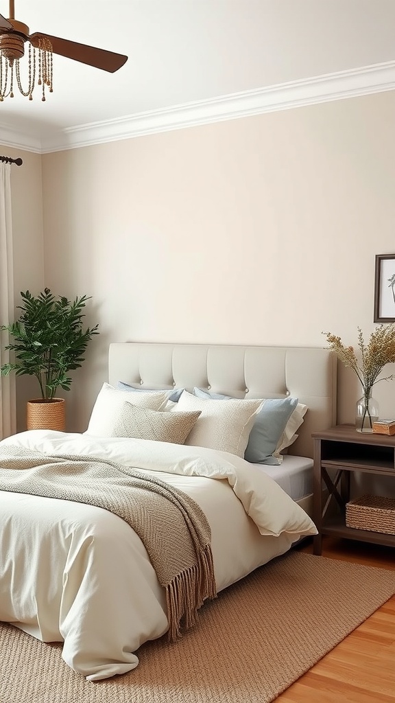A cozy bedroom with a neutral beige wall, soft bedding, and farmhouse-style decor.