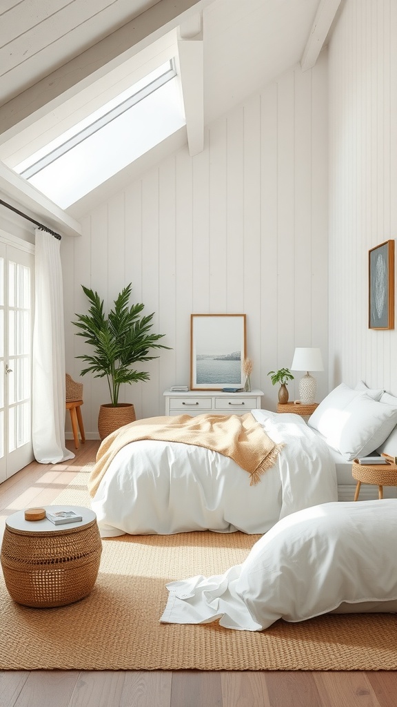 A bright and airy farmhouse chic bedroom with a neutral color palette featuring white bedding, a warm throw, and natural decor elements.