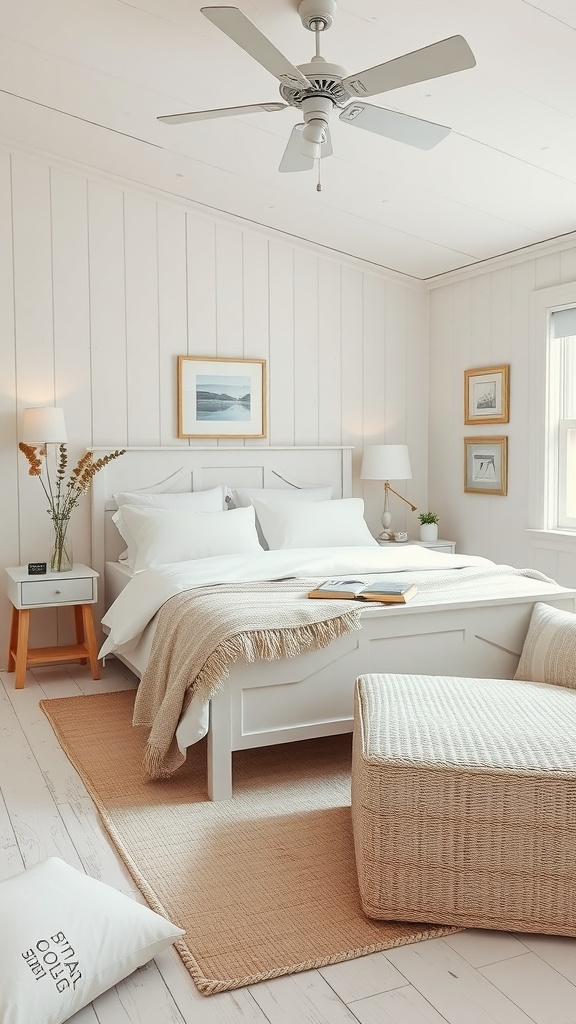 A cozy farmhouse bedroom with neutral color palettes featuring white walls, a light-colored bed, and natural textures.