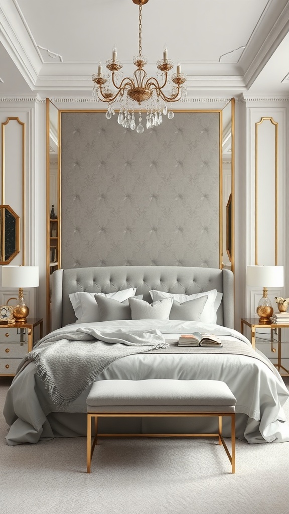 A stylish bedroom featuring a gray tufted headboard, gold metallic accents, and elegant decor.