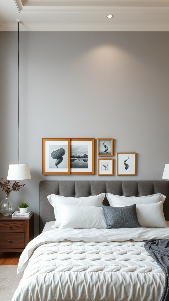 A cozy bedroom with a neutral gray wall, showcasing framed art above the bed and inviting bedding.