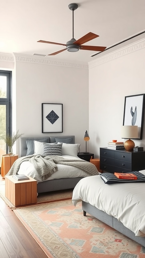 A chic Boho mid-century modern bedroom featuring a neutral color palette with bold accent pieces.