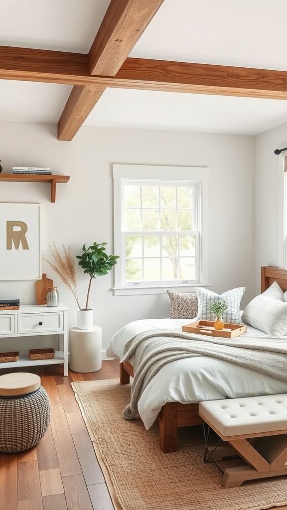 A cozy bedroom featuring a neutral palette, wooden beams, and rustic decor.