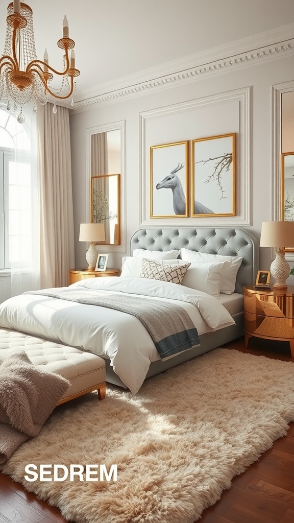 A beautiful farmhouse glam bedroom featuring neutral tones and elegant accents.
