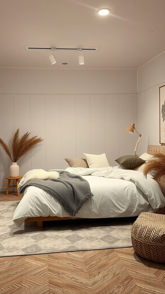 A cozy farmhouse basement bedroom featuring neutral tones, a textured blanket on the bed, decorative pillows, and woven accents.