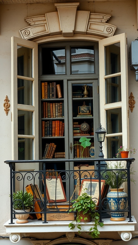 A cozy balcony showcasing a vintage bookshelf, potted plants, and nostalgic decor elements.