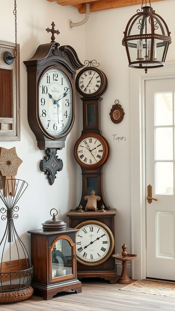 A collection of vintage clocks displayed on a wall in a cozy interior