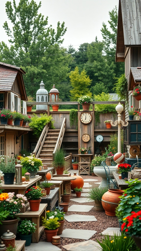 A charming farmhouse garden filled with flowers, rustic wooden structures, and decorative elements.