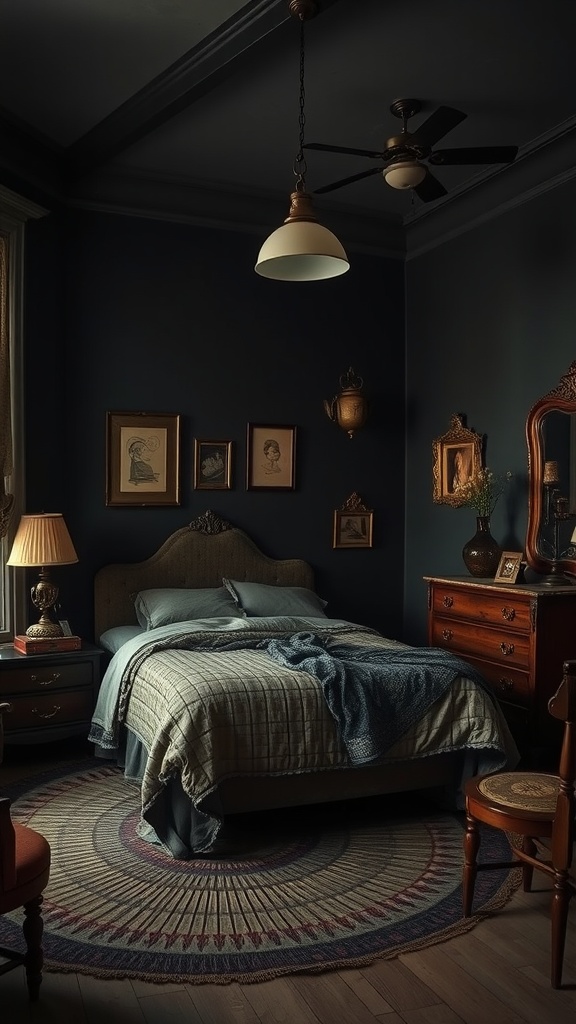 A dark and moody vintage bedroom with ornate furniture and nostalgic decor.