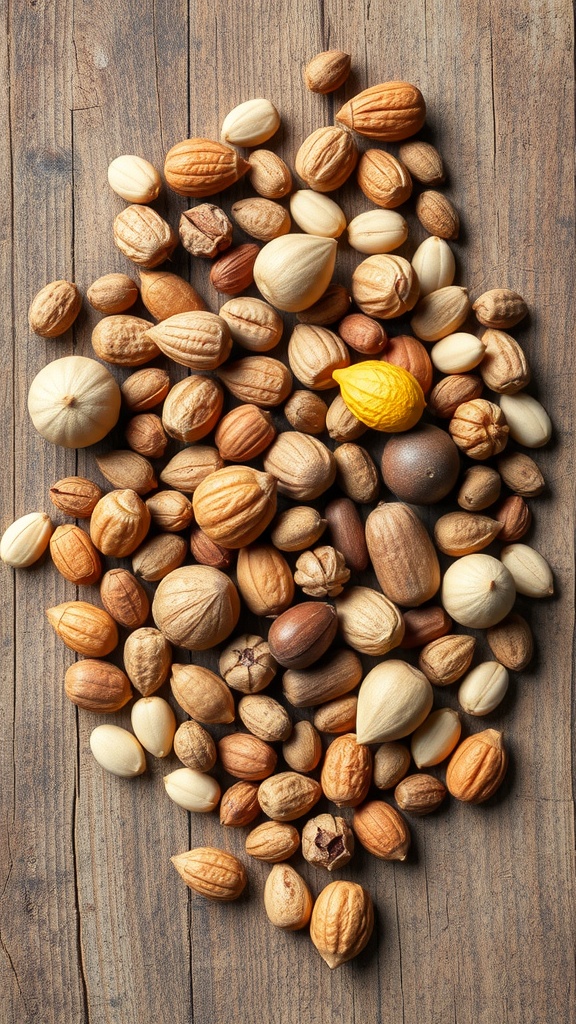 A variety of nuts and seeds spread on a wooden surface
