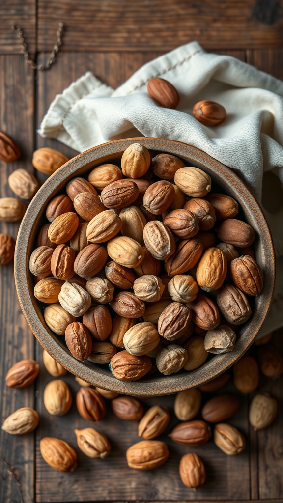 A bowl filled with various nuts, showcasing their different textures and colors.