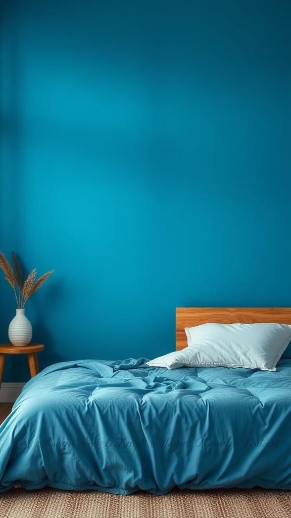 A cozy bedroom featuring calming ocean-blue walls and soft blue bedding.