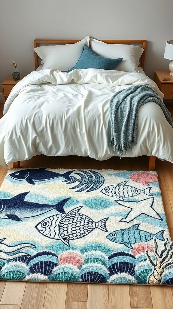 A cozy bedroom featuring a colorful ocean-themed area rug with fish and shells, complemented by a white bedspread and blue accent pillows.