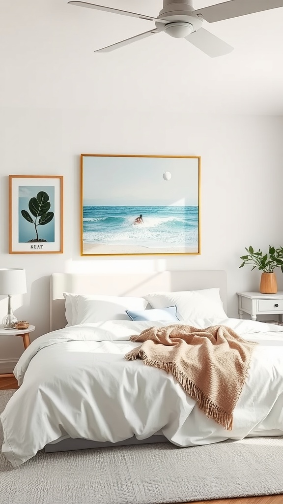 A cozy blue-themed bedroom with ocean-inspired artwork on the wall, featuring a surfer and a plant print.