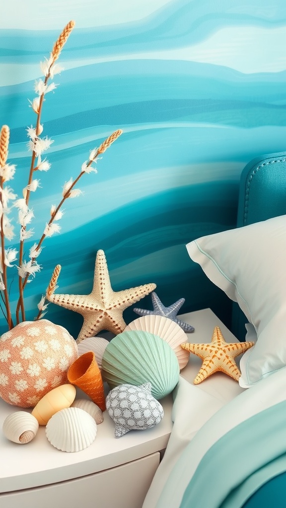A cozy bedroom corner featuring ocean-themed decor, including seashells, a starfish, and a soothing blue wall.
