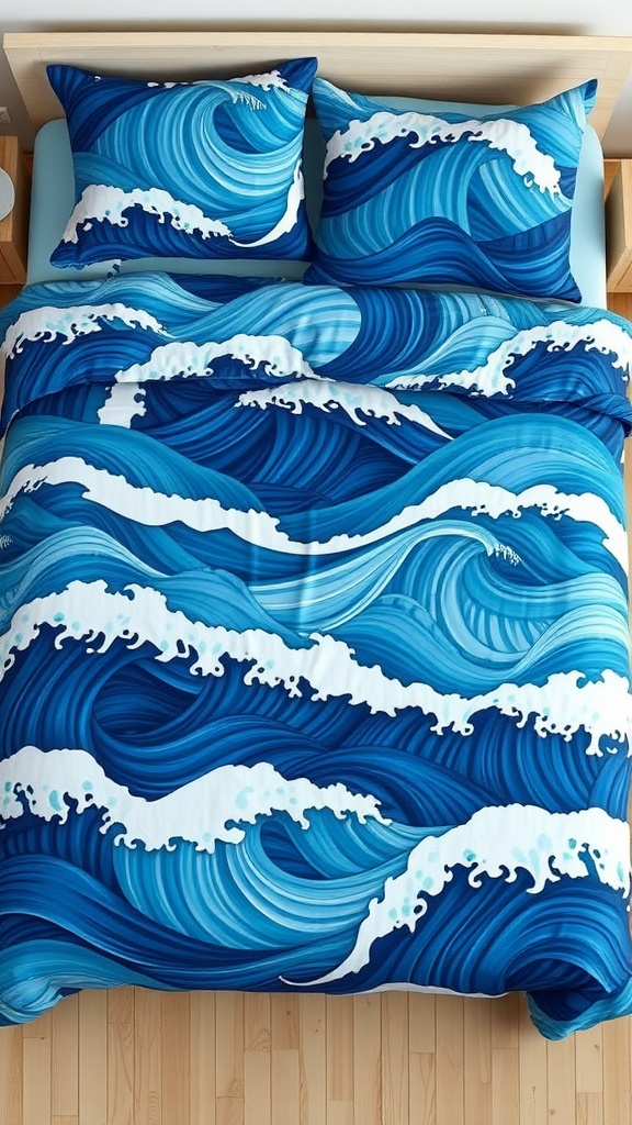 Ocean wave inspired bedspread with blue and white patterns