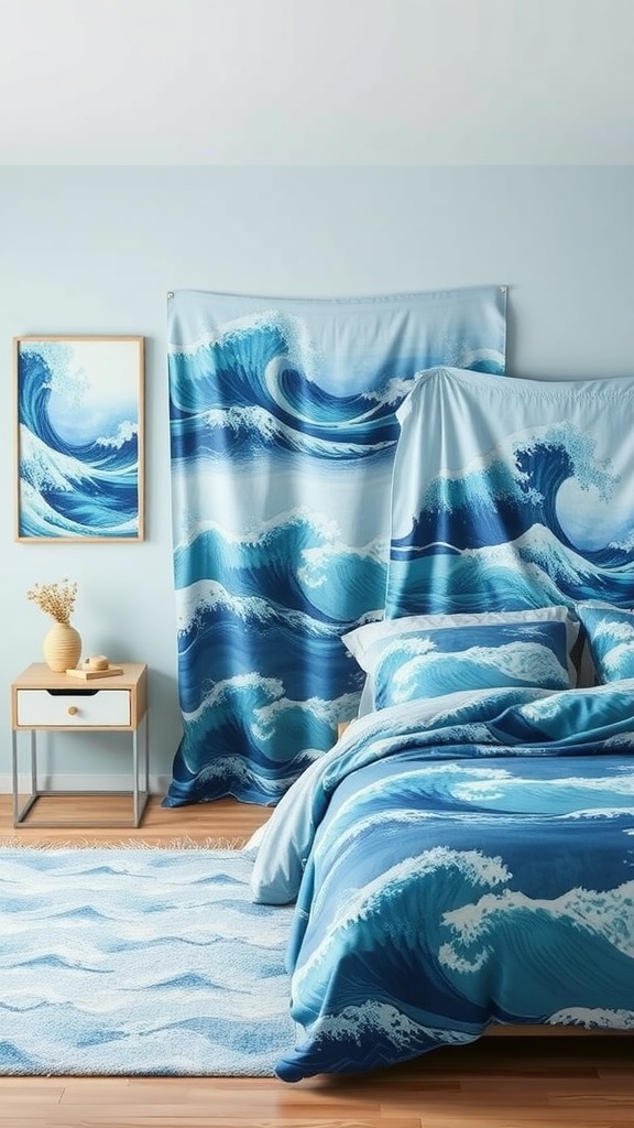 A bedroom decorated with ocean wave patterns featuring blue tones in bedding, curtains, and wall art.