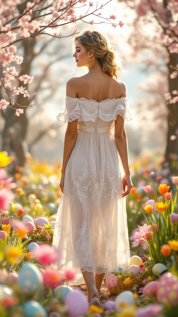 Woman wearing an off-shoulder midi dress surrounded by flowers and Easter eggs