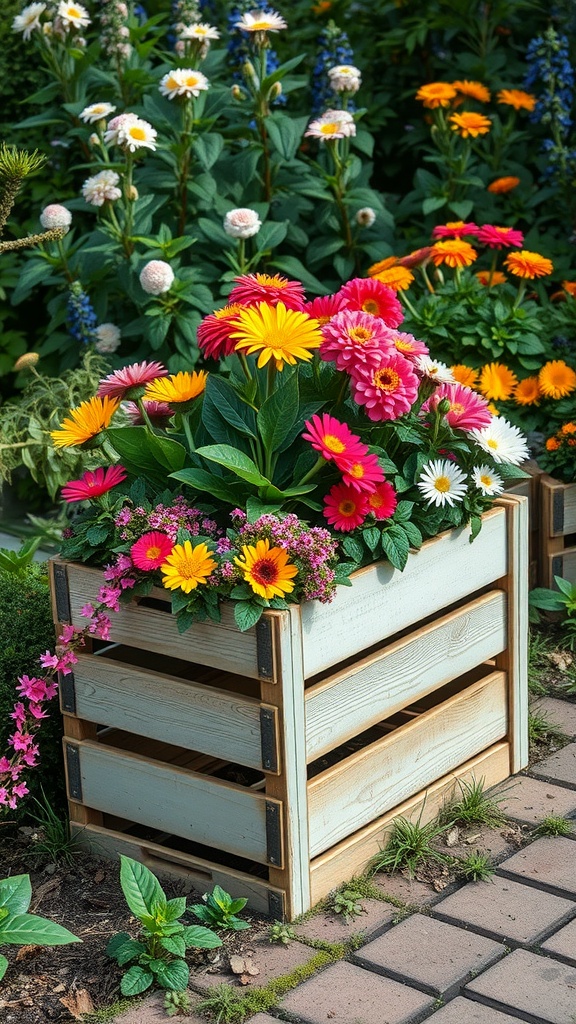 An old wooden crate planter filled with colorful flowers in a garden setting.
