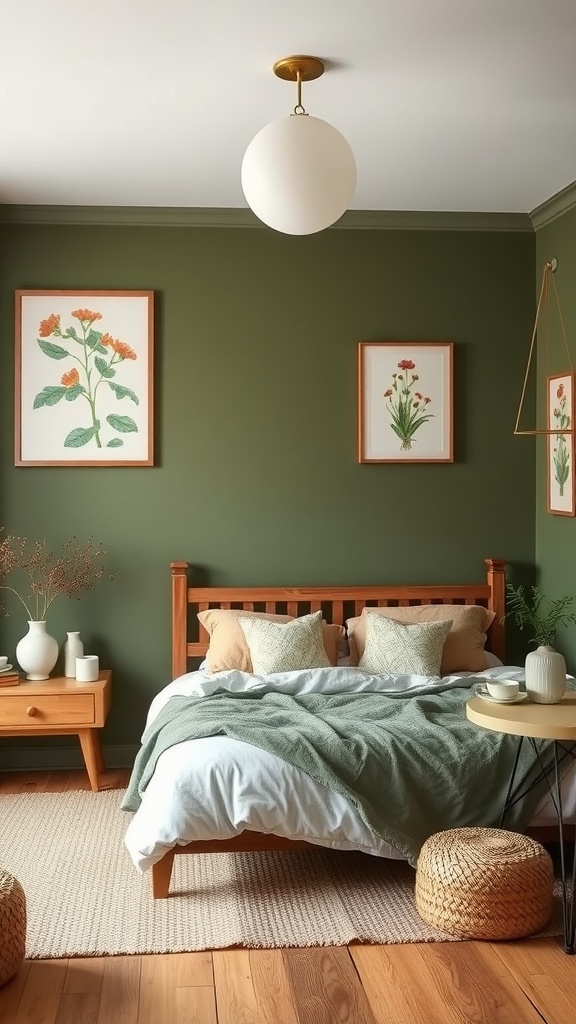 Cozy farmhouse bedroom with olive green walls, wooden furniture, and natural decor.