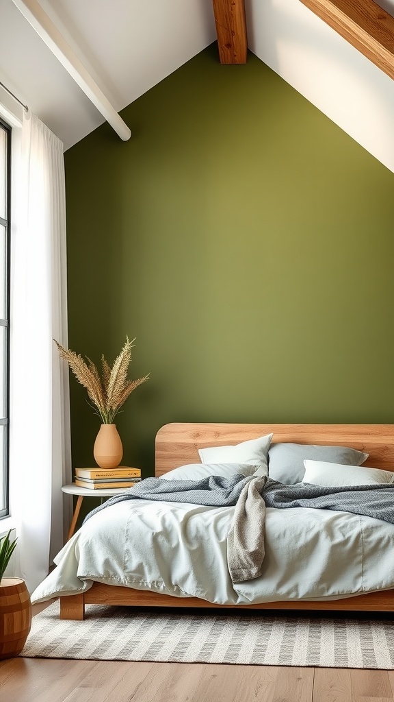 A cozy bedroom featuring an olive green accent wall, wooden beams, and natural decor elements.