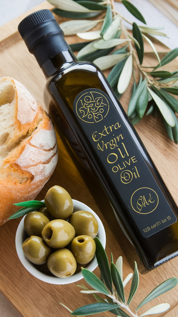A bottle of extra virgin olive oil with olives and bread