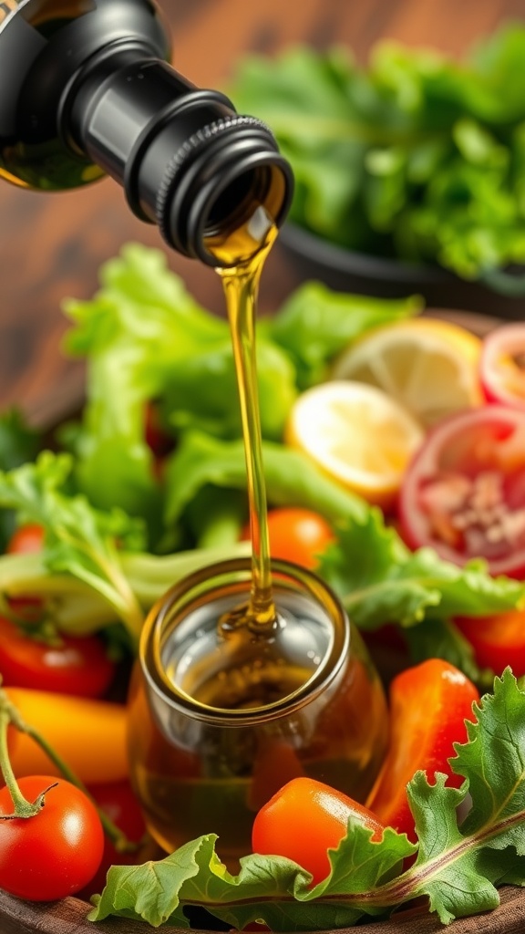 A bottle of olive oil being poured over a fresh salad with various vegetables.
