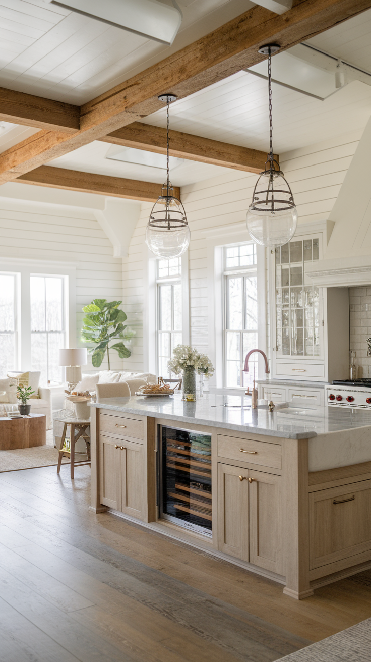 A modern kitchen with open concept cabinetry featuring wood beams and ample natural light.