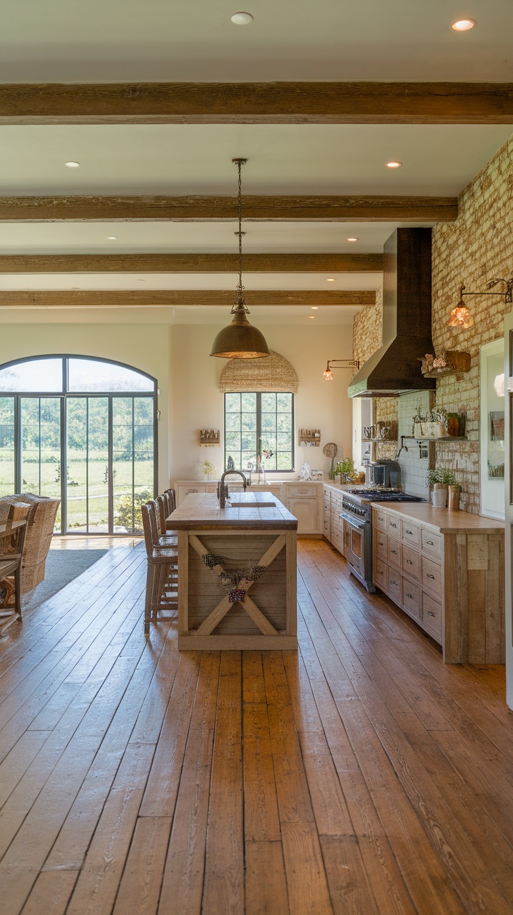 Open concept farmhouse kitchen with rustic wood plank flooring and large windows