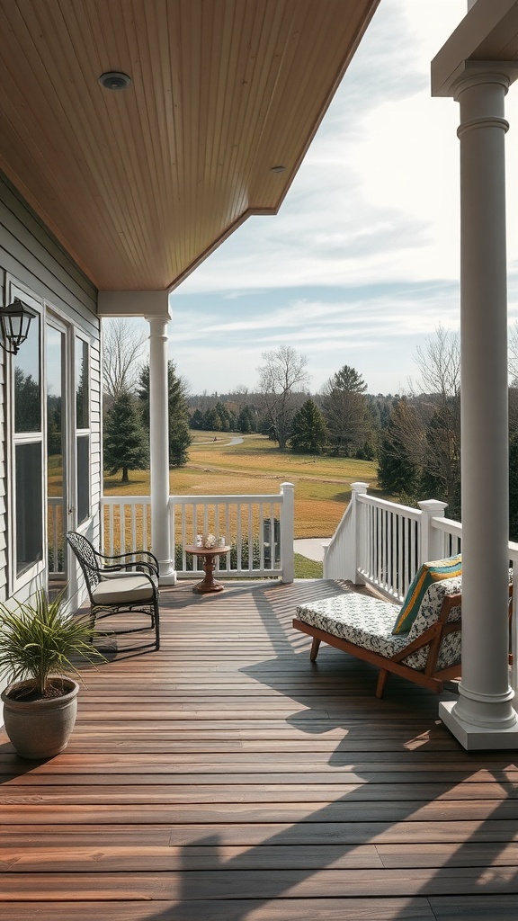 A beautiful farmhouse back porch with wooden decking, elegant columns, and seating overlooking a lush landscape.
