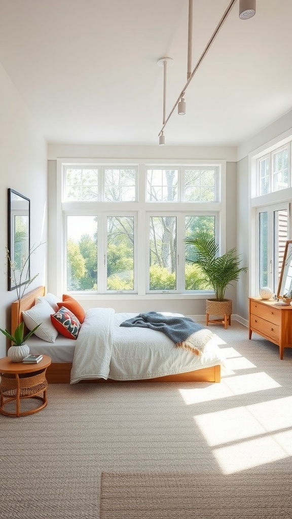 Bright and airy farmhouse basement bedroom with large windows and natural light.