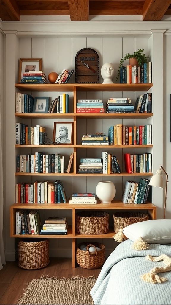 Wooden open shelves with books, decor items, and woven baskets in a cozy bedroom setting.
