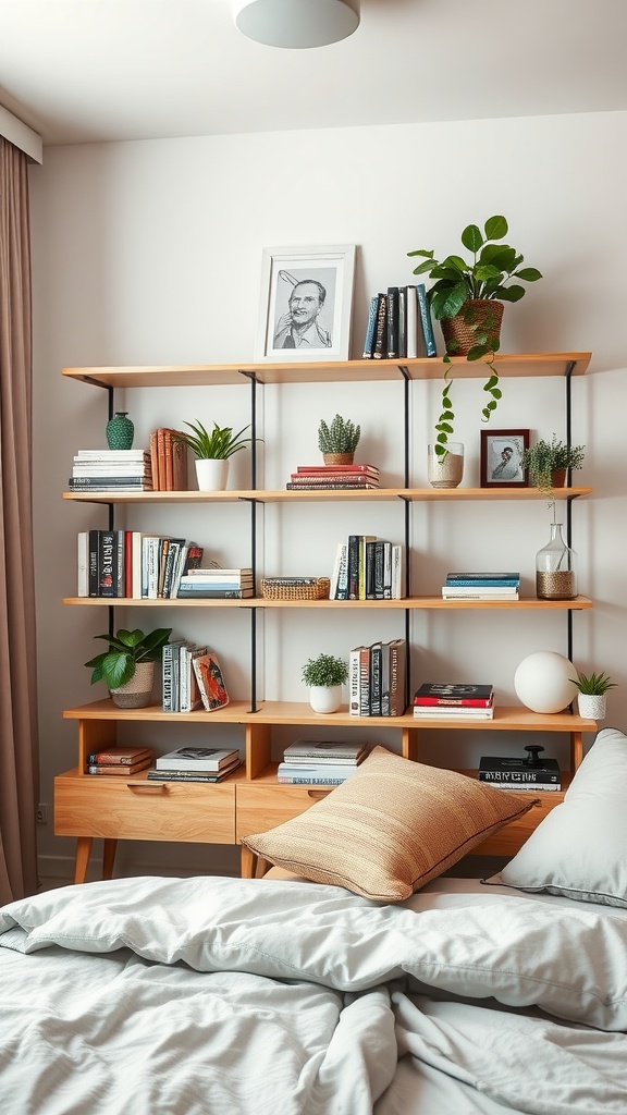 A well-organized open shelving unit with books and plants in a cozy bedroom setting.
