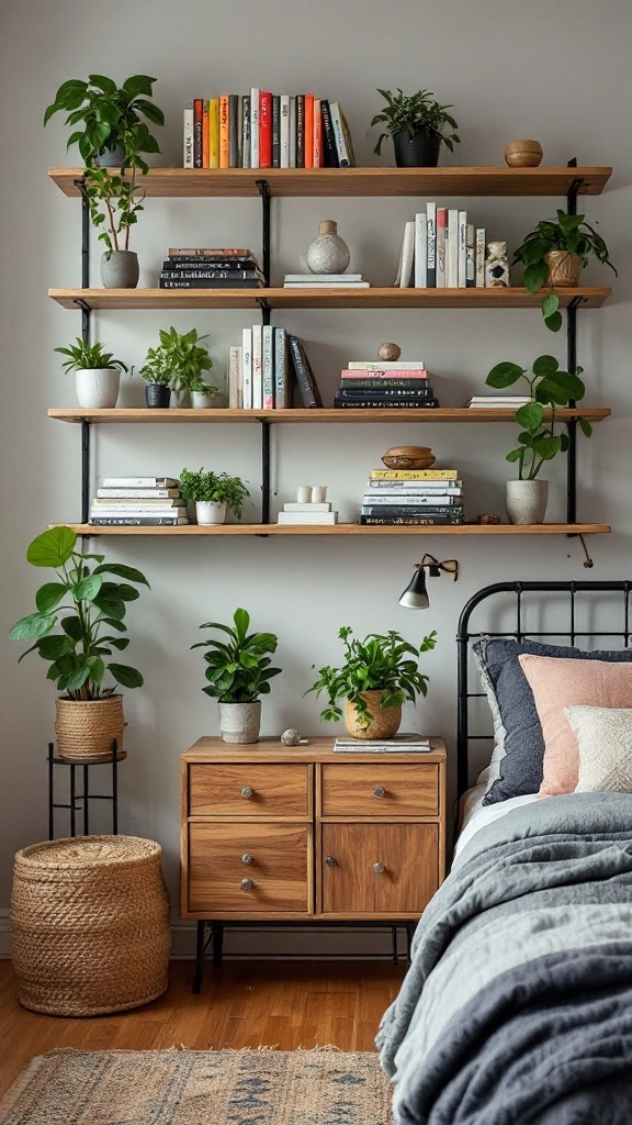 A well-organized open shelving unit with books and plants in a cozy bedroom setting.
