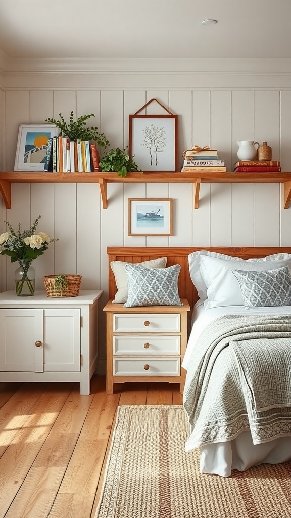 A cozy farmhouse chic bedroom featuring open shelving with books, art, and greenery.