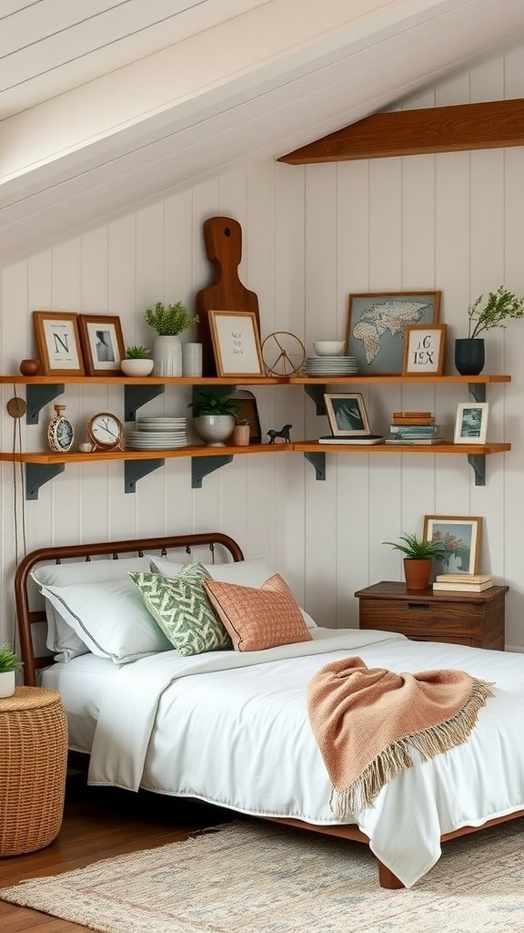 A cozy farmhouse basement bedroom featuring open shelving with personal decor and a neatly made bed.