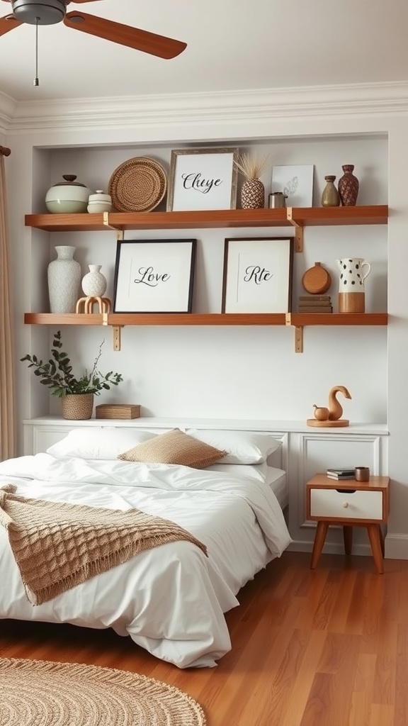 A cozy modern farmhouse bedroom featuring open wooden shelves displaying decorative items above the bed.
